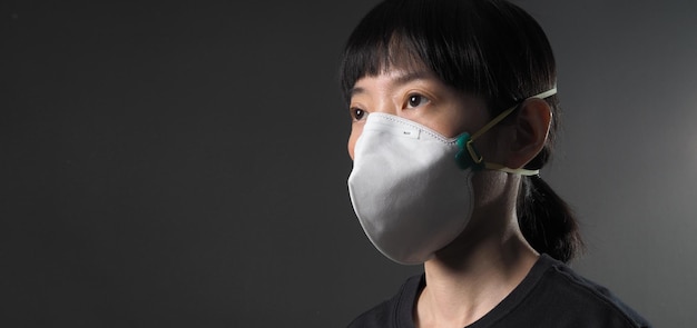 Donna asiatica che indossa una maschera sana n95 per proteggere il coronavirus