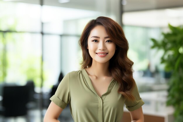 Asian woman wearing olive shirt smiling on blurred background