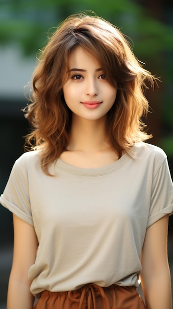 Asian woman wearing olive tshirt smiling on blurred background