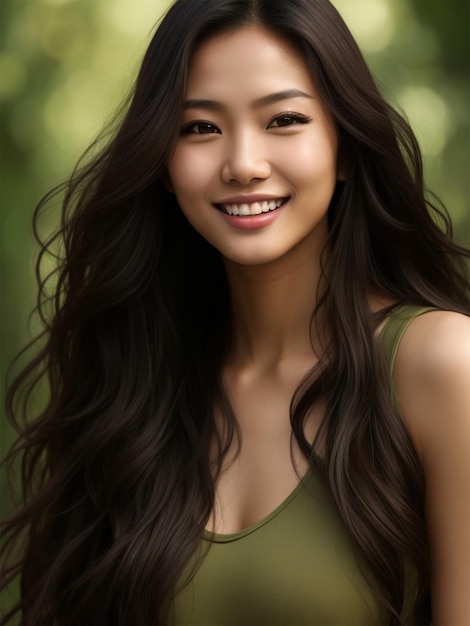 Asian woman wearing olive tshirt smiling on blurred background