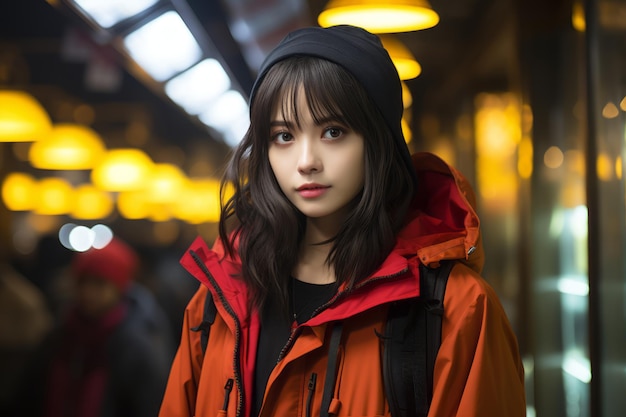 an asian woman wearing an orange jacket and a black beanie