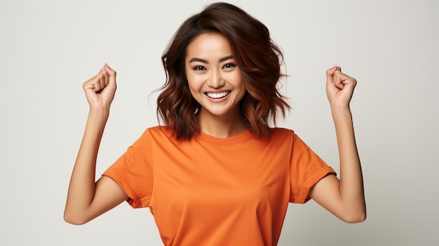 an asian woman wearing orange shirt with a hand gesture