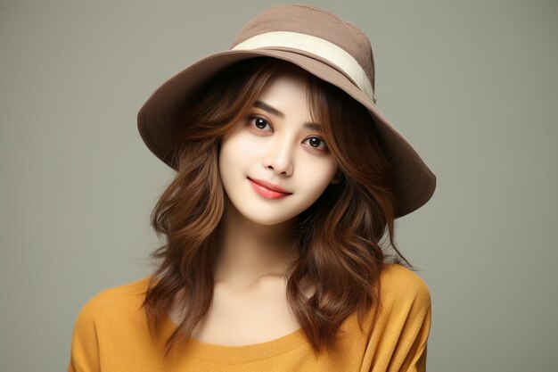 Asian woman wearing orange sweater with hat smiling