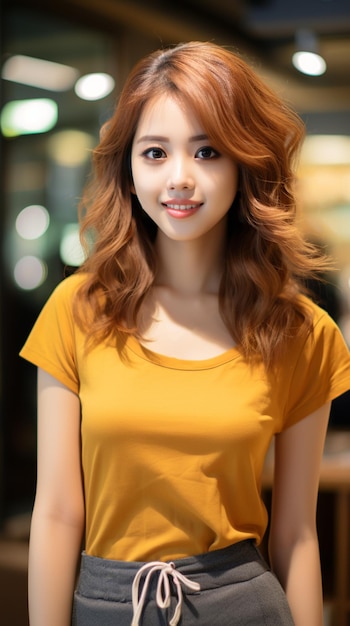Asian woman wearing orange tshirt smiling on blurred background