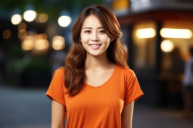 Asian woman wearing orange tshirt smiling on blurred background