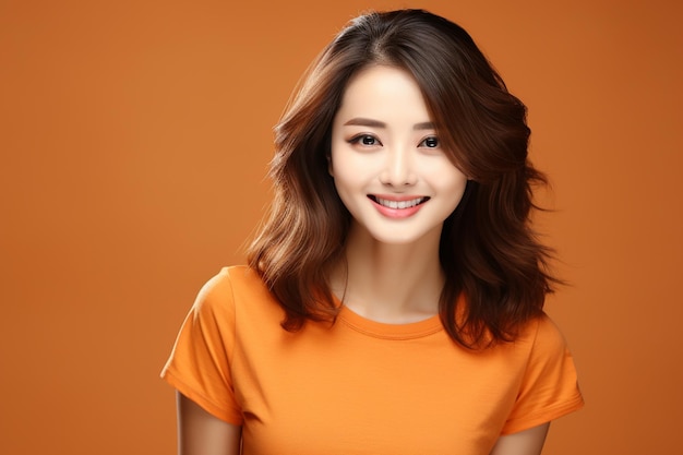 Asian woman wearing orange tshirt smiling on orange background