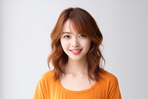 Asian woman wearing orange tshirt smiling on white background