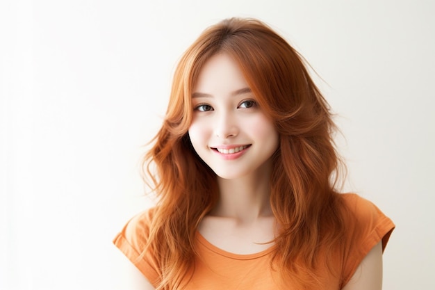 Asian woman wearing orange tshirt smiling on white background