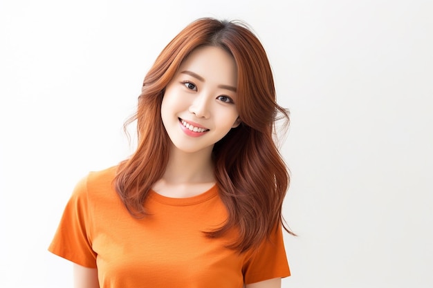 Азиатка в оранжевой футболке улыбается на белом фоне