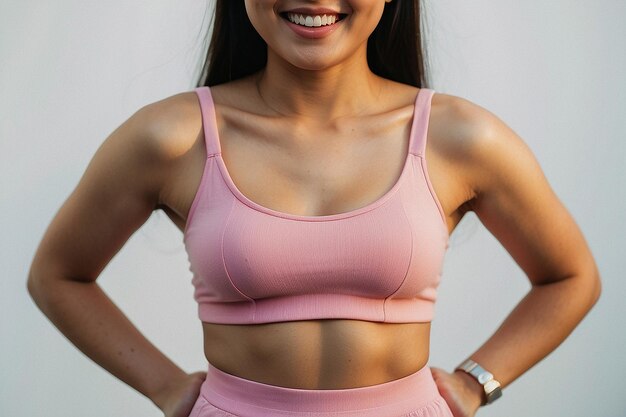 Photo asian woman wearing pink crop top smiling