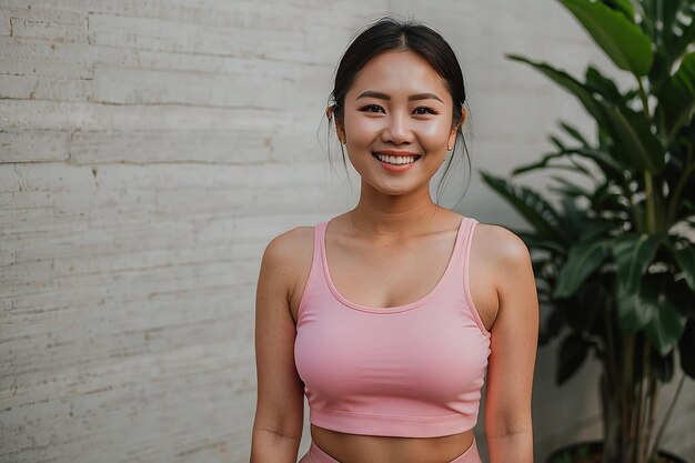 Photo asian woman wearing pink crop top smiling