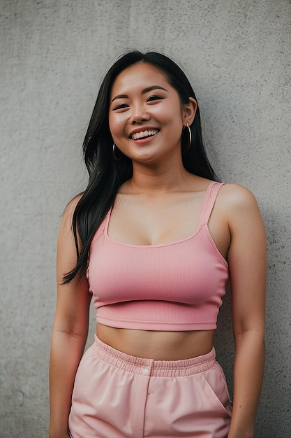 Asian woman wearing pink crop top smiling