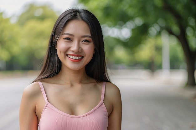 Asian woman wearing pink crop top smiling