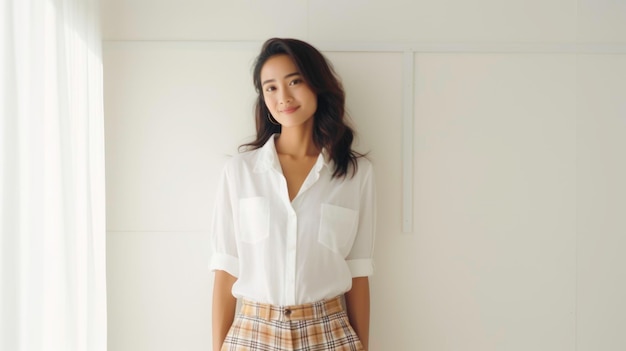 An asian woman wearing a plaid shirt and white pants