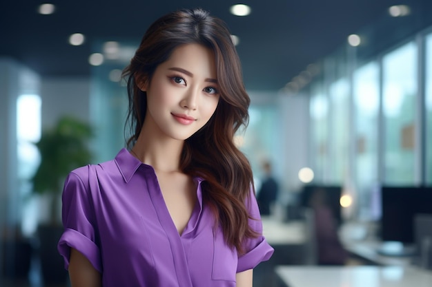 Asian woman wearing purple shirt smiling on blurred background