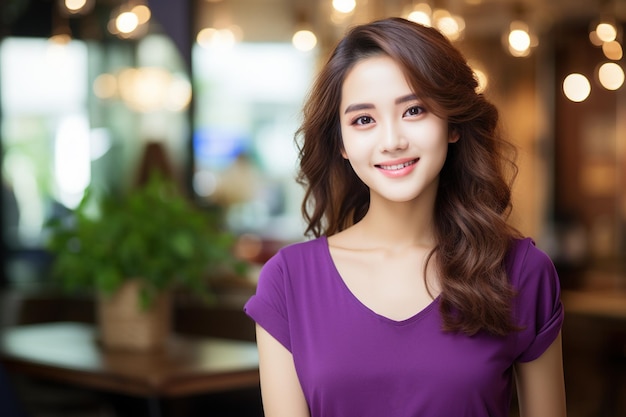 Asian woman wearing purple tshirt smiling on blurred background