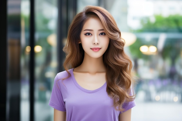 Asian woman wearing purple tshirt smiling on blurred background