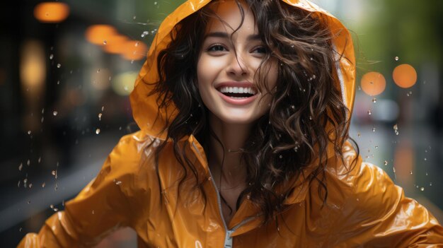 Asian woman wearing a raincoat outdoors