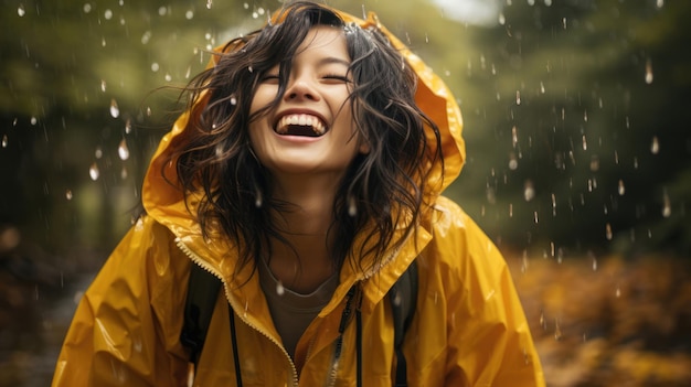 Asian woman wearing a raincoat outdoors