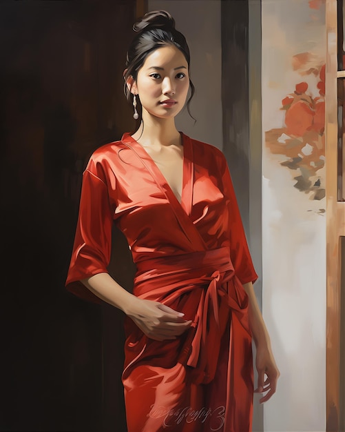 Photo asian woman wearing red dress