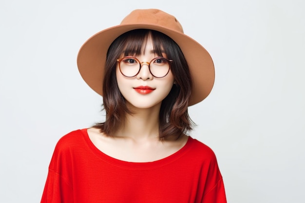 Азиатка в красной футболке с очками и шляпой улыбается на белом фоне