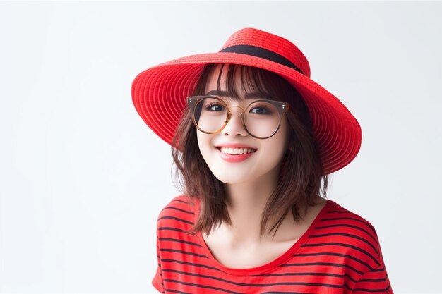 Donna asiatica che indossa maglietta rossa con occhiali e cappello sorridente su sfondo bianco