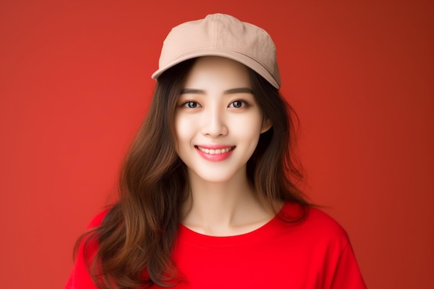 Asian woman wearing red tshirt with hat smiling on red background