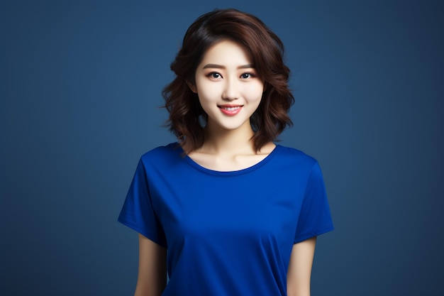 Asian woman wearing royal blue tshirt smiling