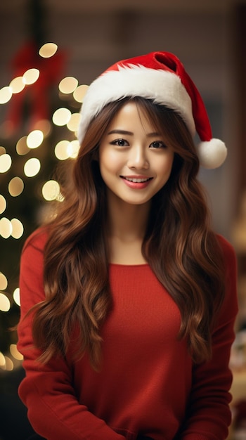 Asian woman wearing santa claus hat at christmas smiling