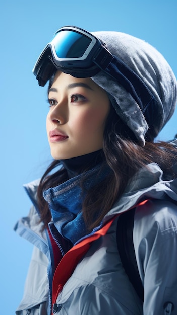 Asian woman wearing snow goggles glasses