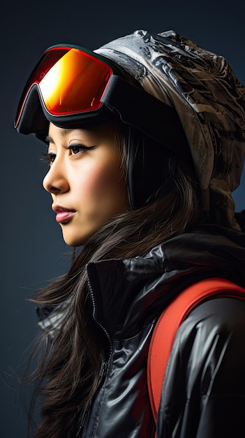 Asian woman wearing snow goggles glasses