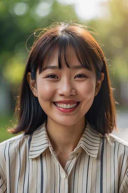 Asian woman wearing striped shirt smiling on blurred background