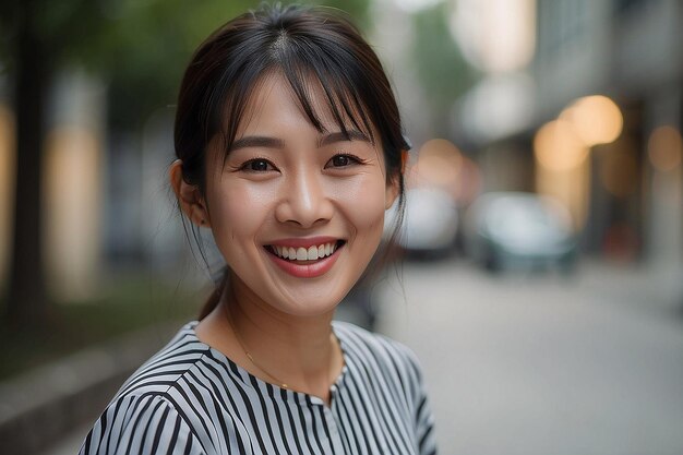 흐릿한 배경에 미소 짓는 줄무 셔츠를 입은 아시아 여성