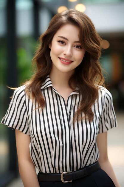 Asian woman wearing striped shirt smiling on blurred background