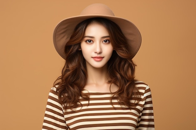모자 미소와 스트라이프 스웨터를 입고 아시아 여자
