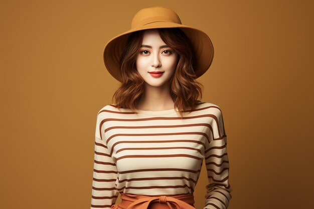 Asian woman wearing striped sweater with hat smiling