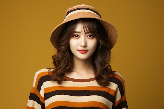 Asian woman wearing striped sweater with hat smiling