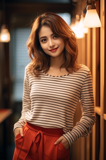 Asian woman wearing striped tshirt smiling on blurred background