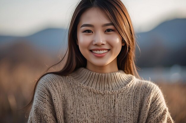 Asian woman wearing sweater smiling on blurred background