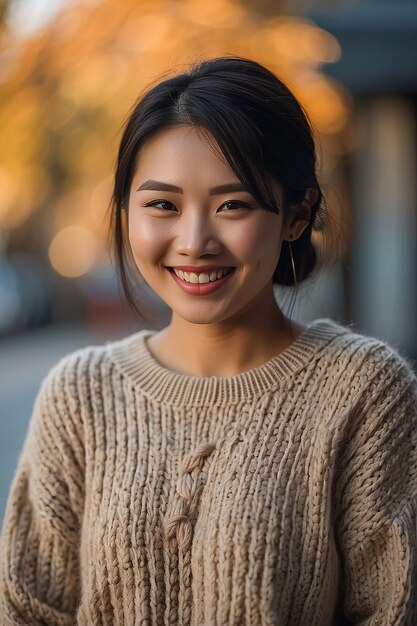 Asian woman wearing sweater smiling on blurred background