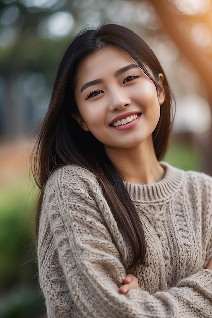 스웨터를 입은 아시아 여성이 흐릿한 배경에 미소 짓고 있다