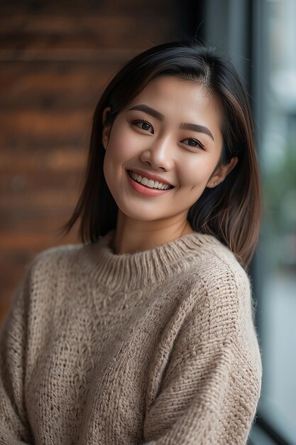 Asian woman wearing sweater smiling on blurred background