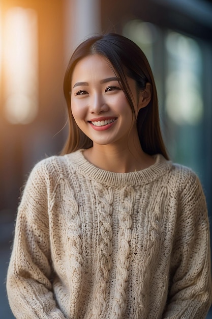 스웨터를 입은 아시아 여성이 흐릿한 배경에 미소 짓고 있다