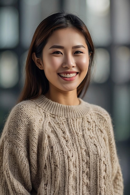 Asian woman wearing sweater smiling on blurred background