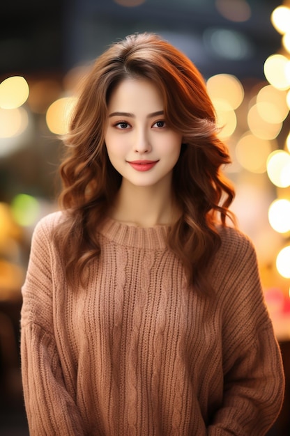 Asian woman wearing sweater smiling on blurred background