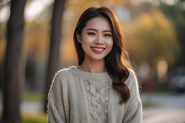 사진 스웨터를 입은 아시아 여성이 흐릿한 배경에 미소 짓고 있다