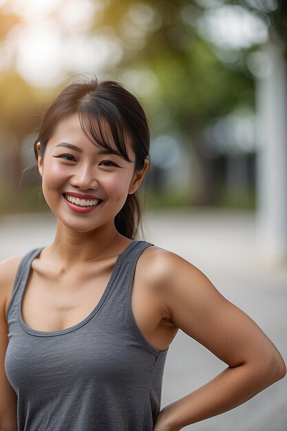 Photo asian woman wearing tank top smiling on blurred background