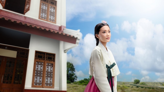 Asian woman wearing a traditional Korean national costume Hanbok standing