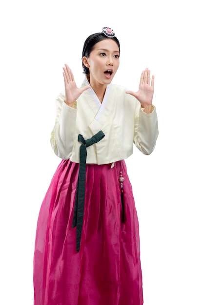 韓国の民族衣装ハンボクを着たアジア人女性