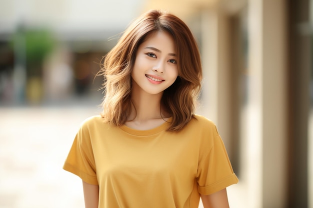 背景をぼかした写真に微笑む T シャツを着たアジアの女性